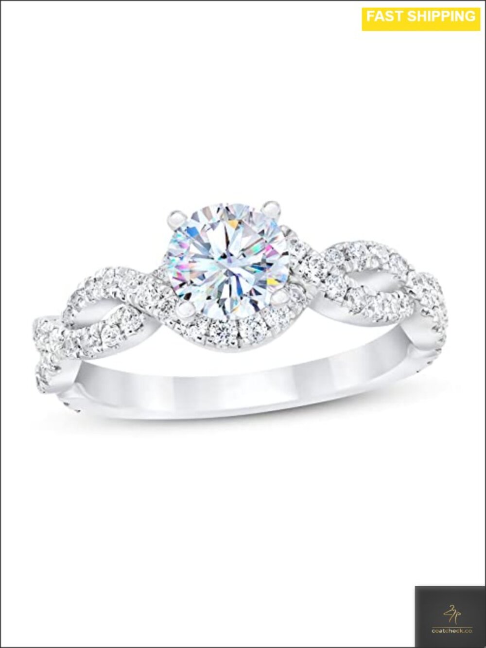 Moissanite Engagement Ring Platinum Plated Silver Halo Cathedral Style